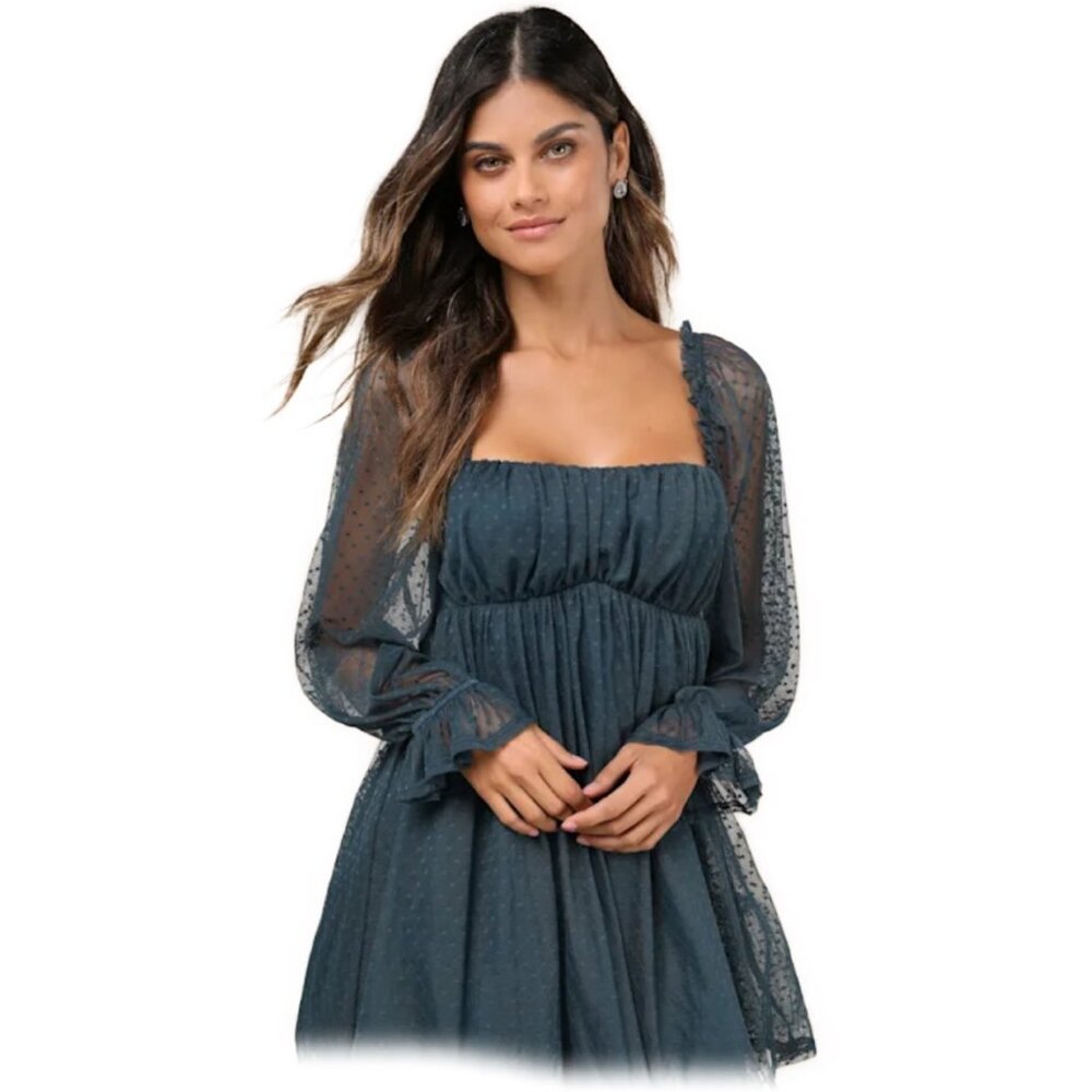 Lulu's Dreamy Sweetness Dark Teal Swiss Dot Ruffled Mini Babydoll Dress $59